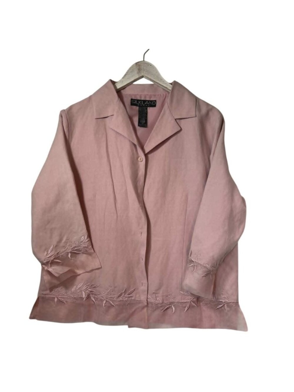 Silkland Woman Pink Silk Linen Blend Embroidered Button‎ Front Shirt Size 1X
